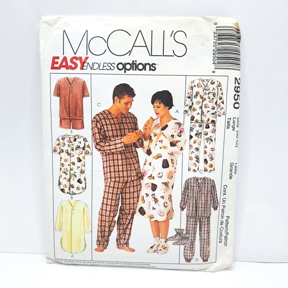 McCall's Easy Pajamas Sewing Pattern Mens Womens‎ Loungewear Size Large